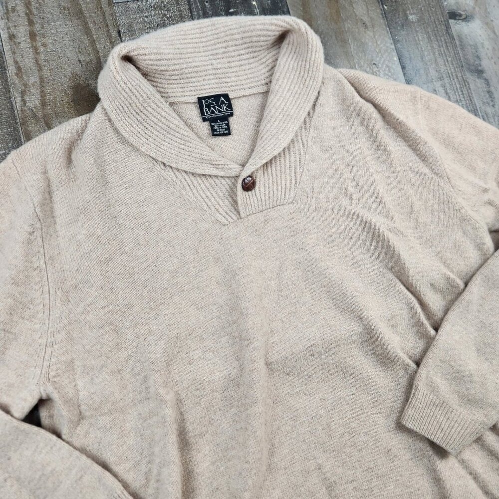Jos. A. Bank Lambs Wool Sweater Mens size L Large Shawl Collar Long Sleeve